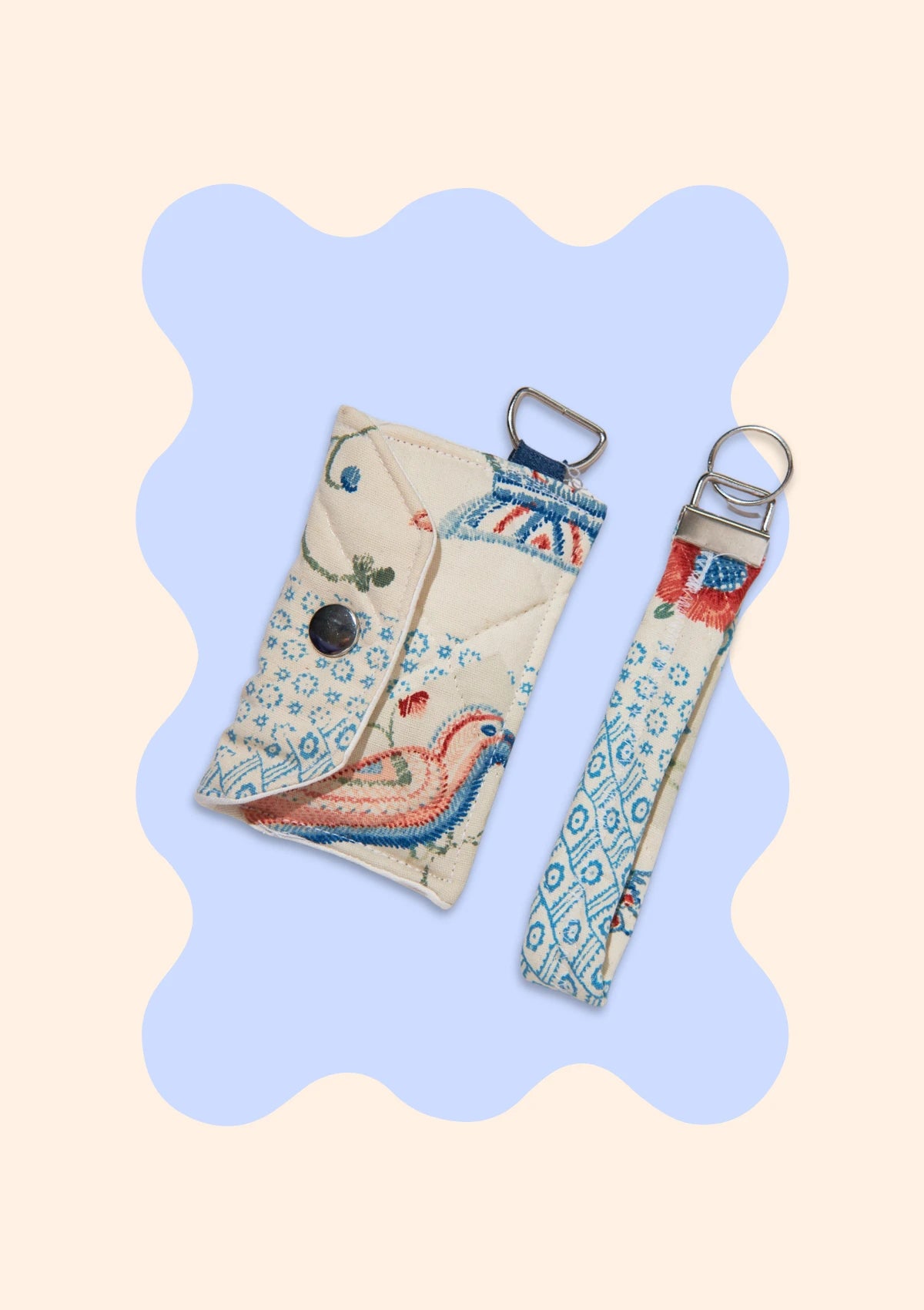 Denim patchwork greeting cards on a light blue scalloped backdrop