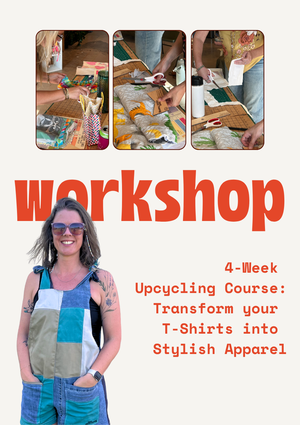 Advertisement for a 4-week upcycling course transforming t-shirts into stylish apparel, featuring a woman and images of upcycling activities.