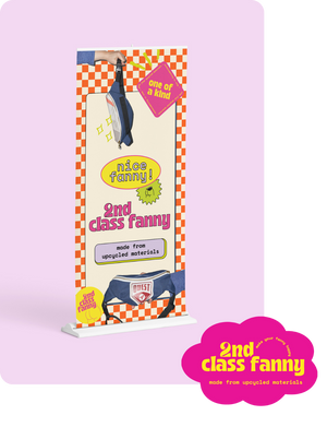 Product packaging with '2nd Class Fanny' branding on a pink background
