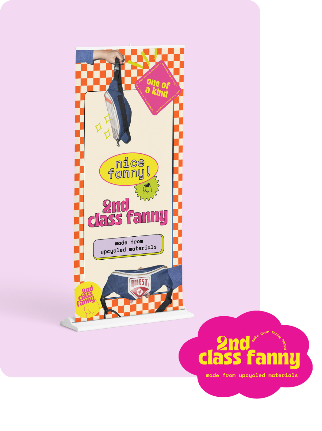 Product packaging with '2nd Class Fanny' branding on a pink background