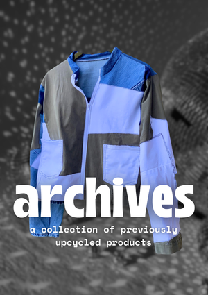 Upcycled product with 'archives' branding on a textured background