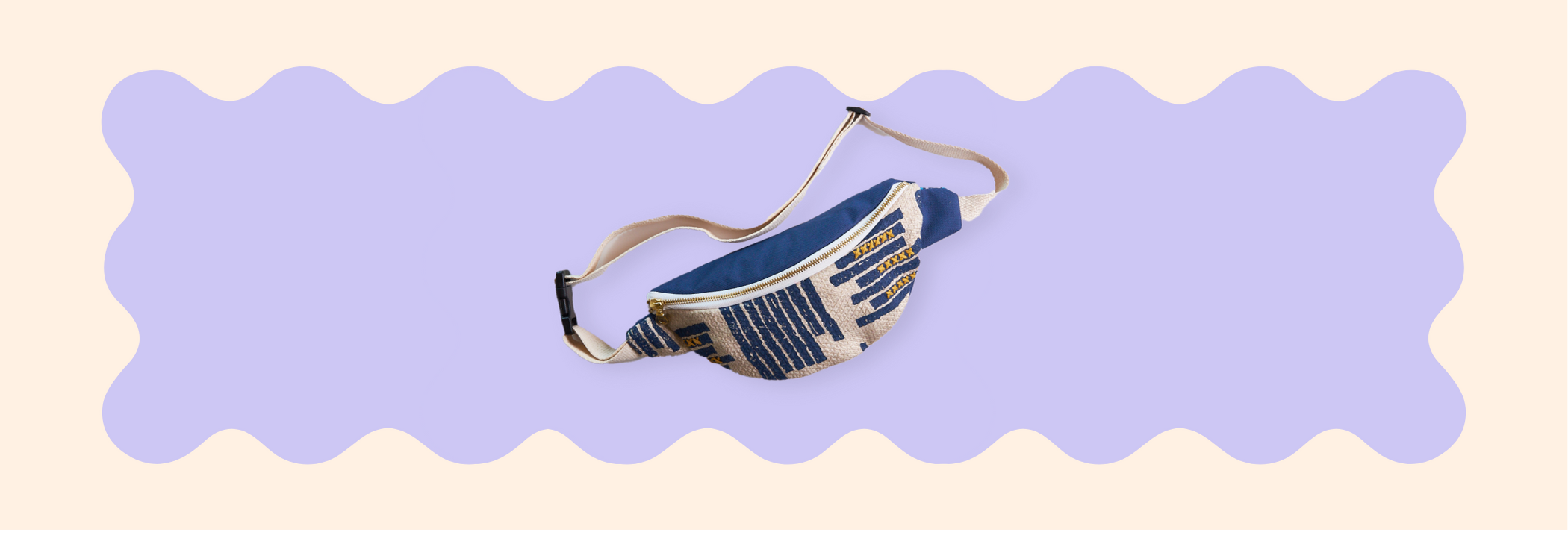 Small blue and white fanny pack on a light purple scalloped border