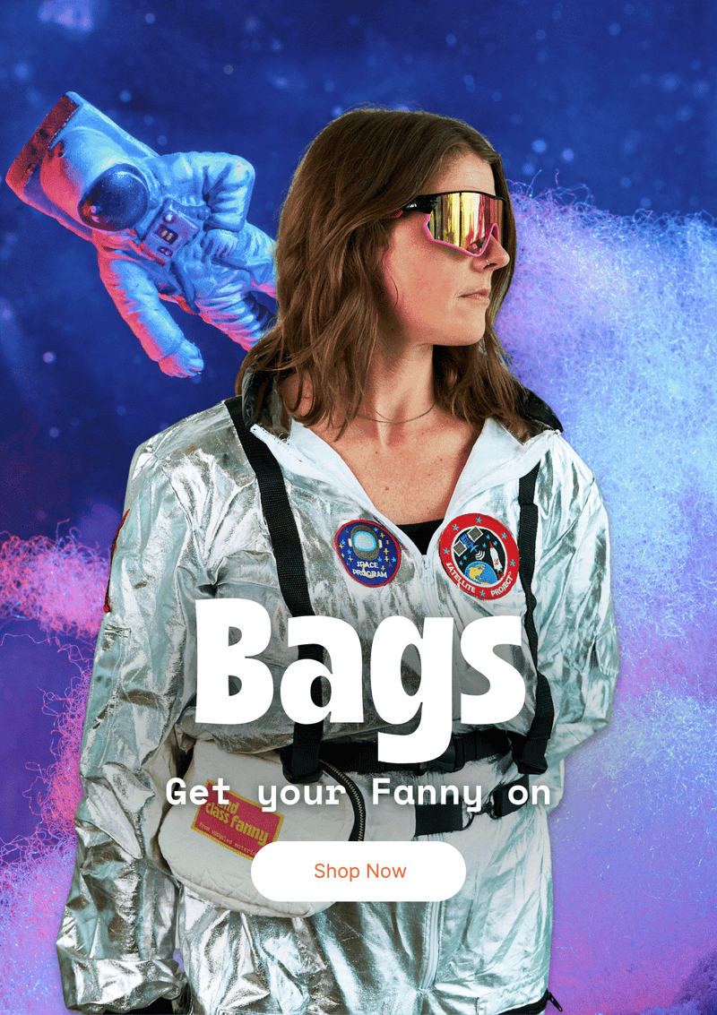 Person in futuristic outfit wearing a quilted upcycled fanny pack with 'Bags' promotional text on a colorful background
