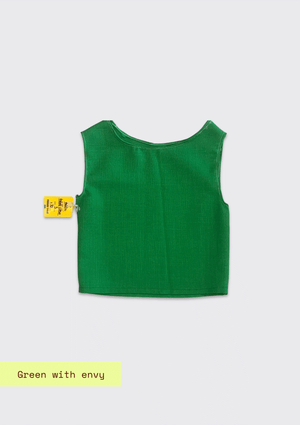 Green sleeveless top upcycled from a tablecloth on a light gray background with 'Green with Envy' text.