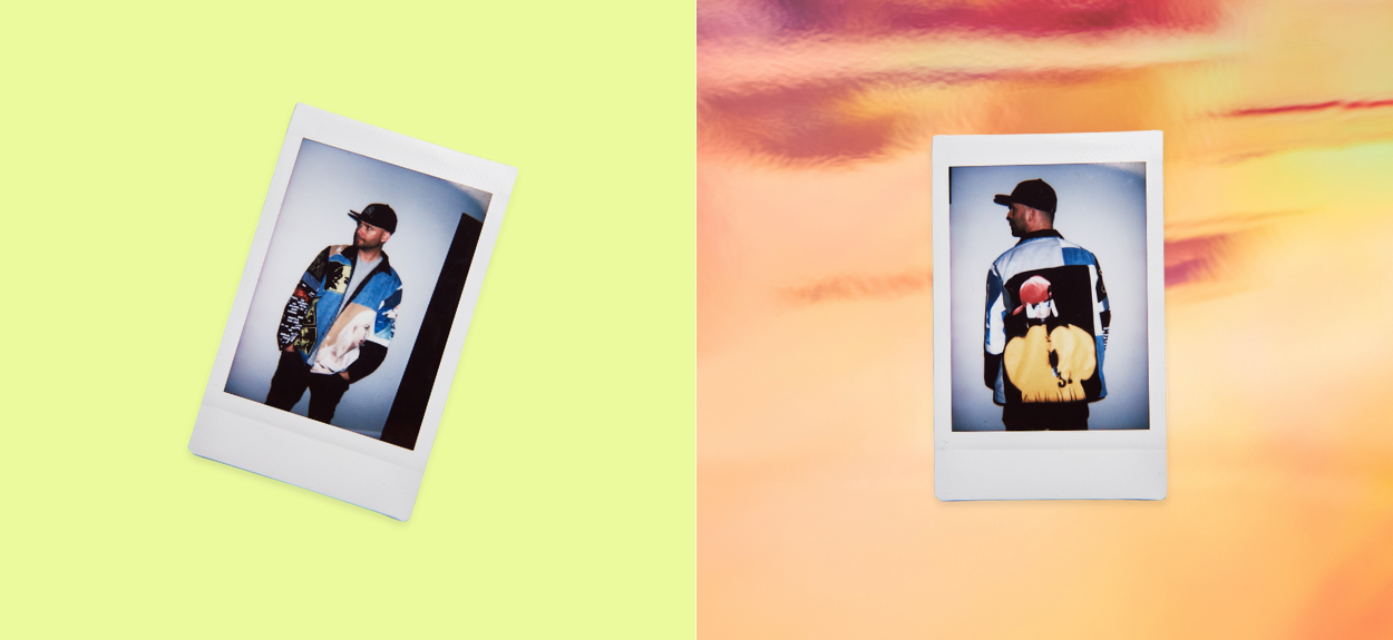 Two Polaroid-style images of a person wearing a colorful upcycled jacket featuring billie eilish on a gradient background.