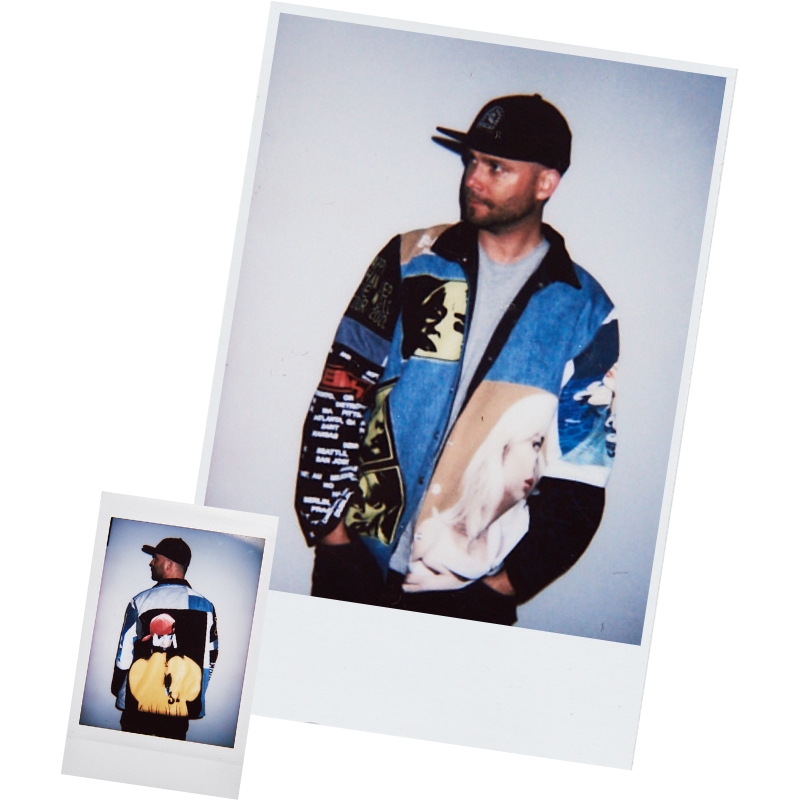 Polaroid-style photo of a person wearing a colorful jacket with graphic designs.