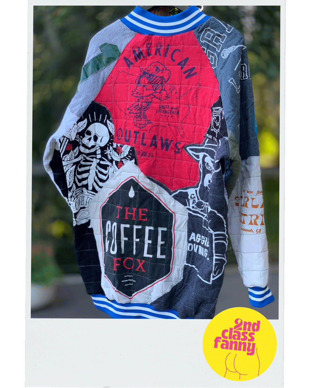 Quilted jacket with graphic designs and text, featuring a visible brand logo.