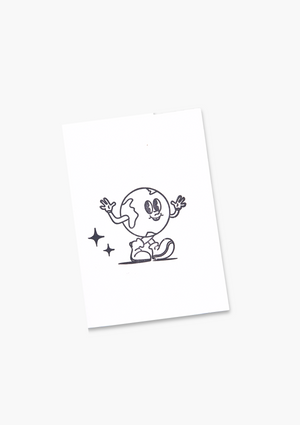 Cartoon Earth Day character on a white card with a white background