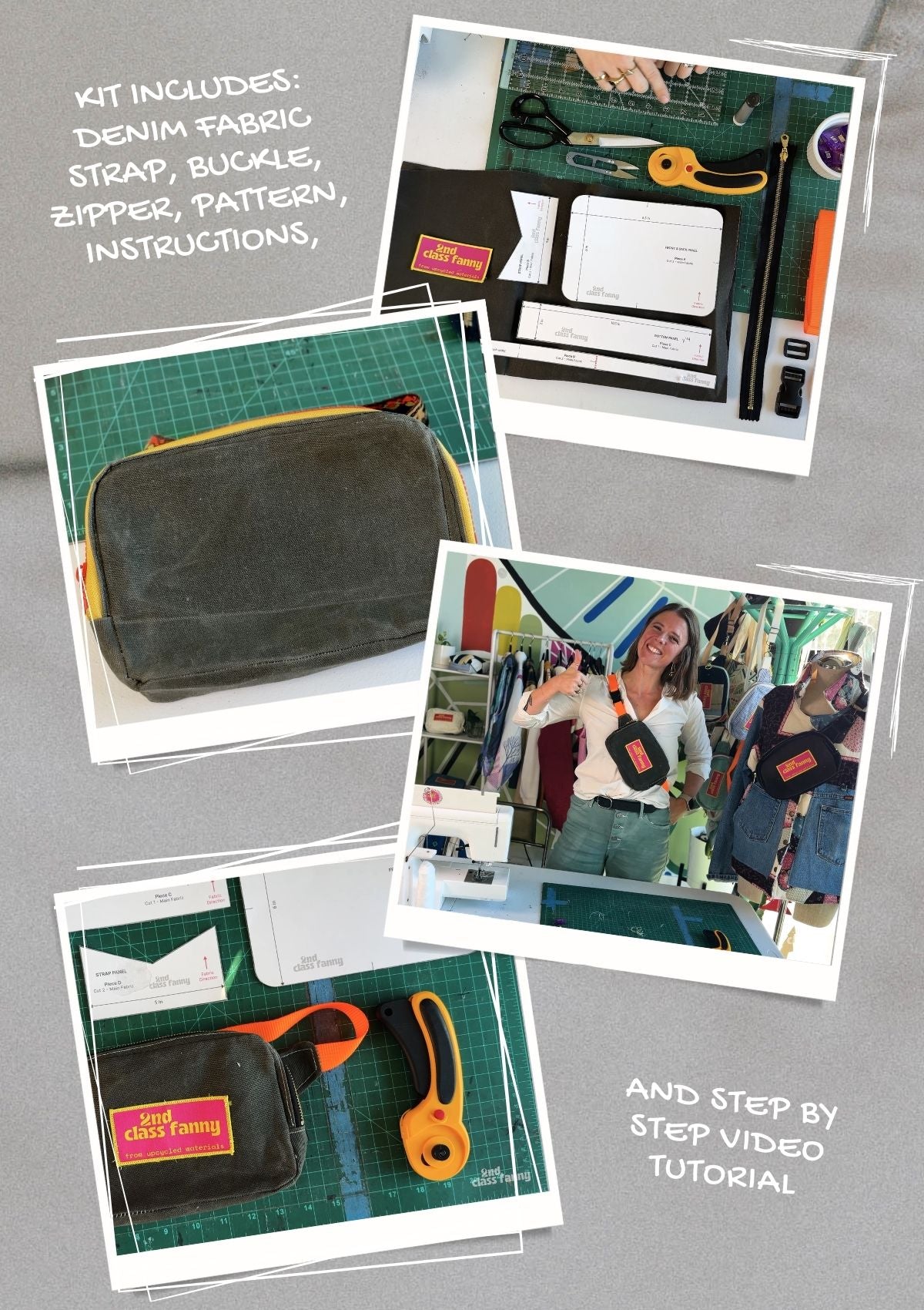 Collage of images including a black pouch, tools, and people with text about kit contents and resources.