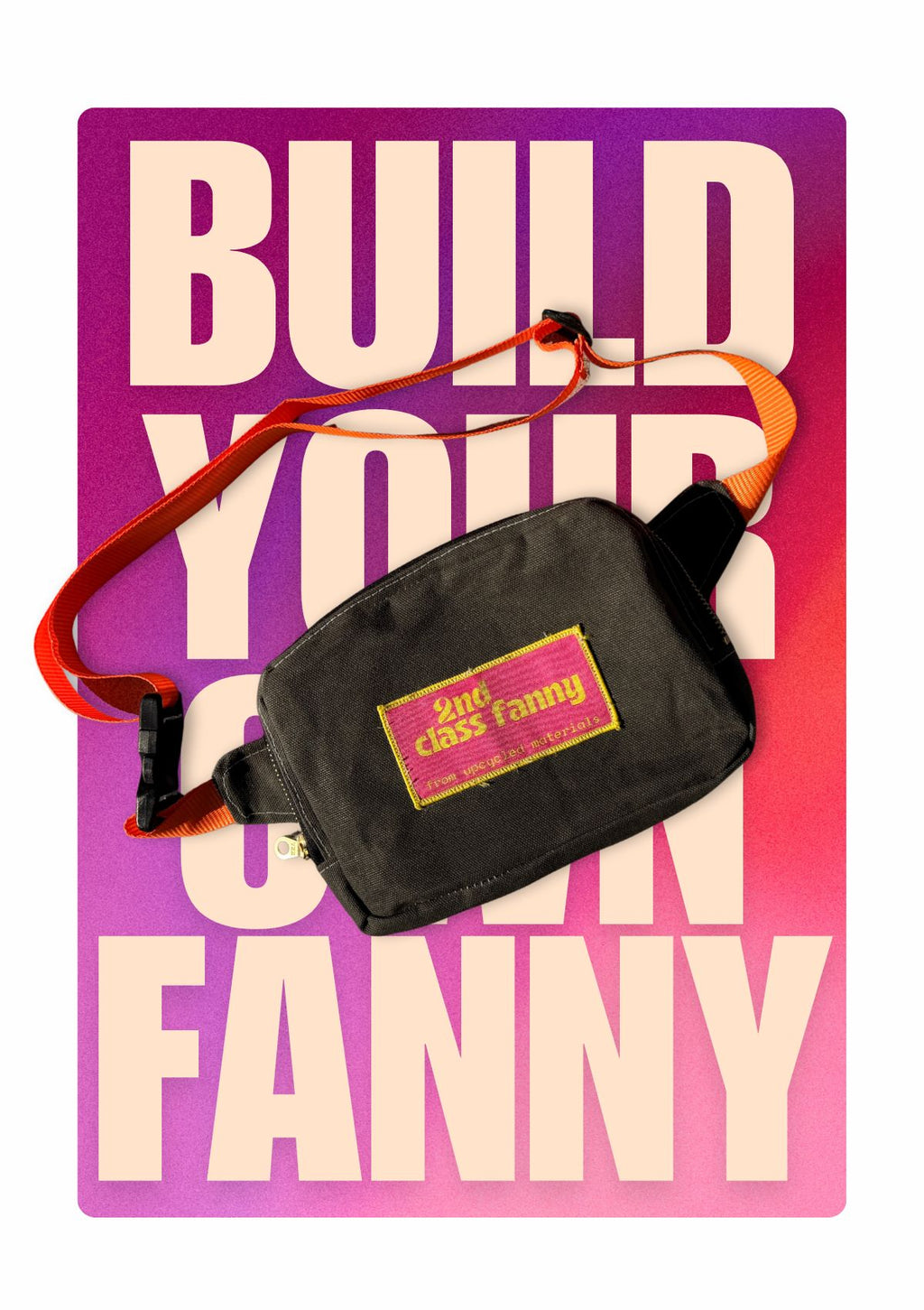 Black fanny pack with orange strap on a pink and purple gradient background with text.
