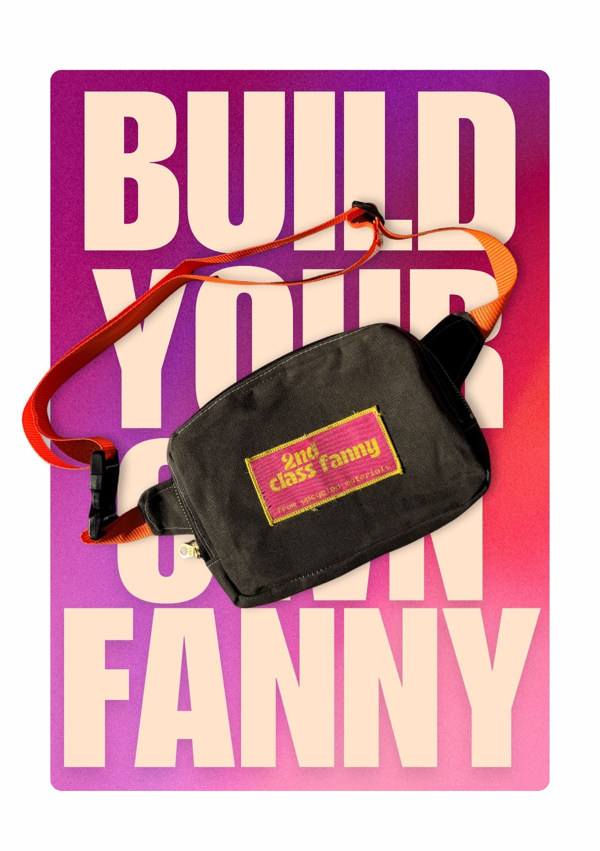 Black fanny pack with orange strap on a pink and purple gradient background with text.
