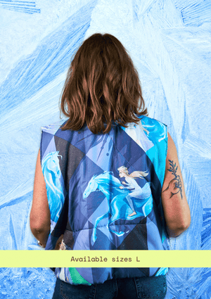 Person wearing a colorful Frozen theme vest with mermaid design against a blue textured background