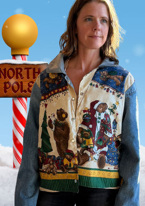 Person wearing a festive jacket with Christmas-themed designs upcycled from vintage fabric and denim jeans as sleeves against a snowy background with candy cane and 'North Pole' sign.