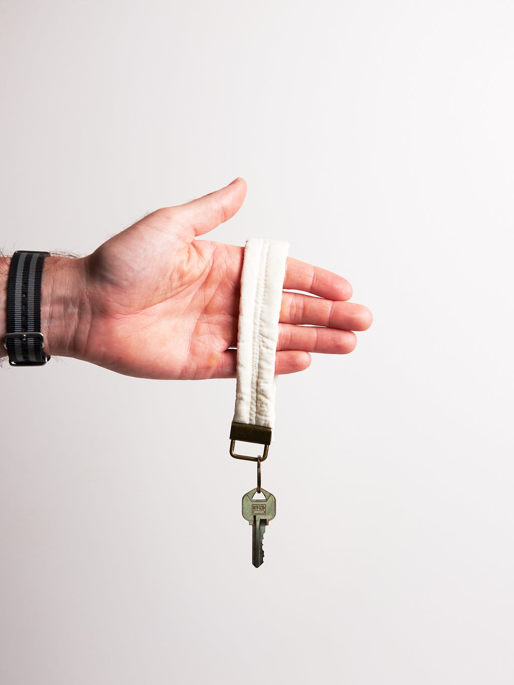 Hand holding a key with a white strap against a plain background