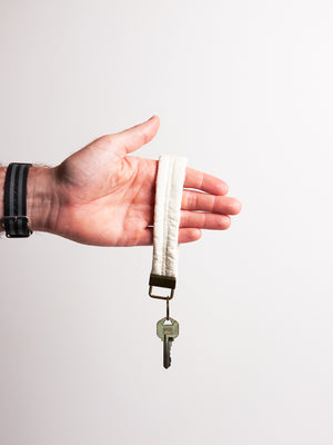 Hand holding a key with a white strap against a plain background
