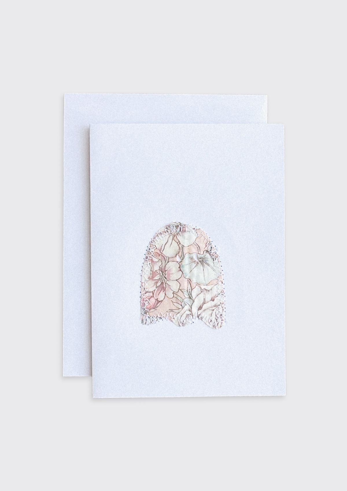 Fabric floral ghost greeting card upcycled from quilt on a light background