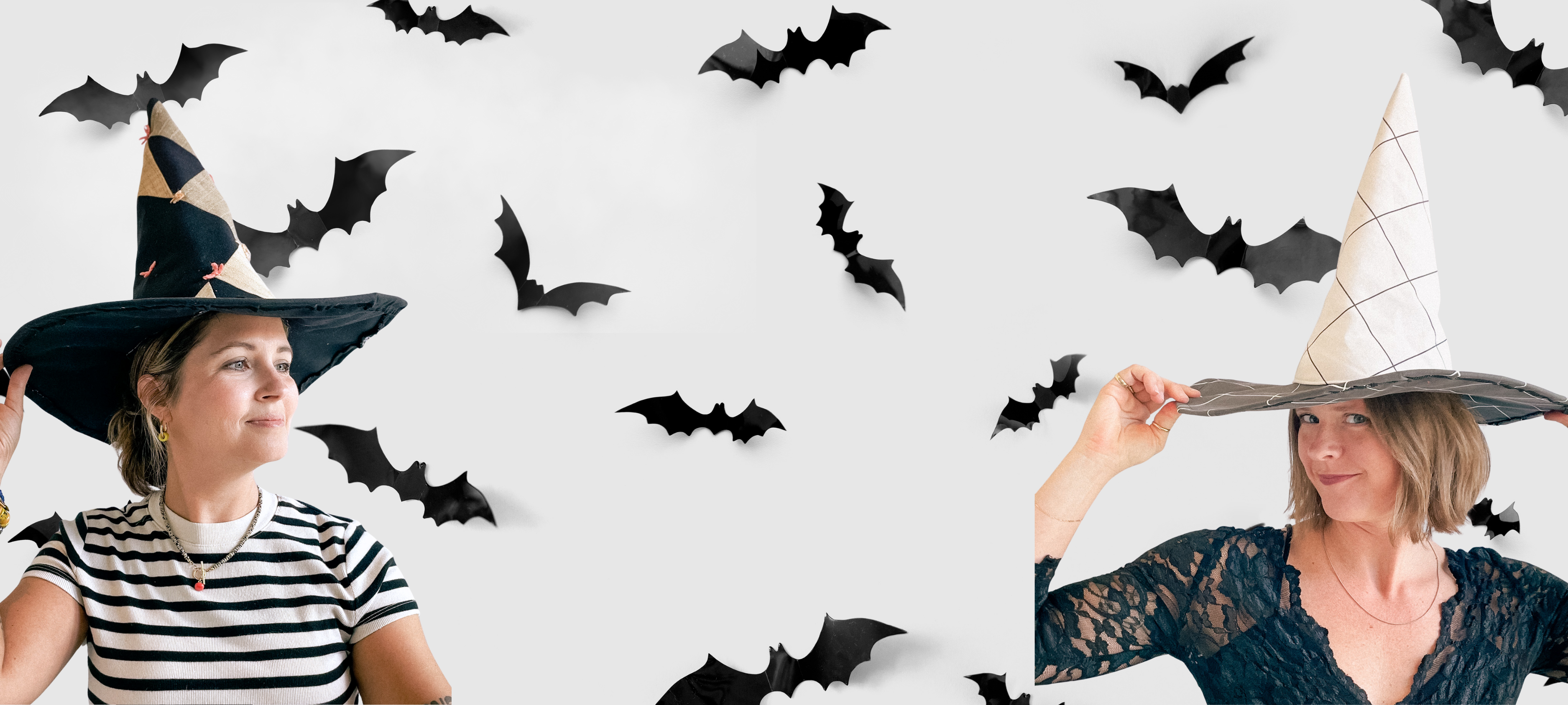 Two women wearing witch hats with decorative bats on a white background