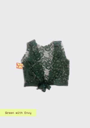 Green lace top on a light gray background with 'Green with Envy' text.