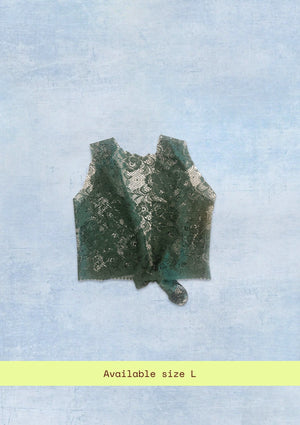 Green lace vest on a light blue background with 'Available size L' text.