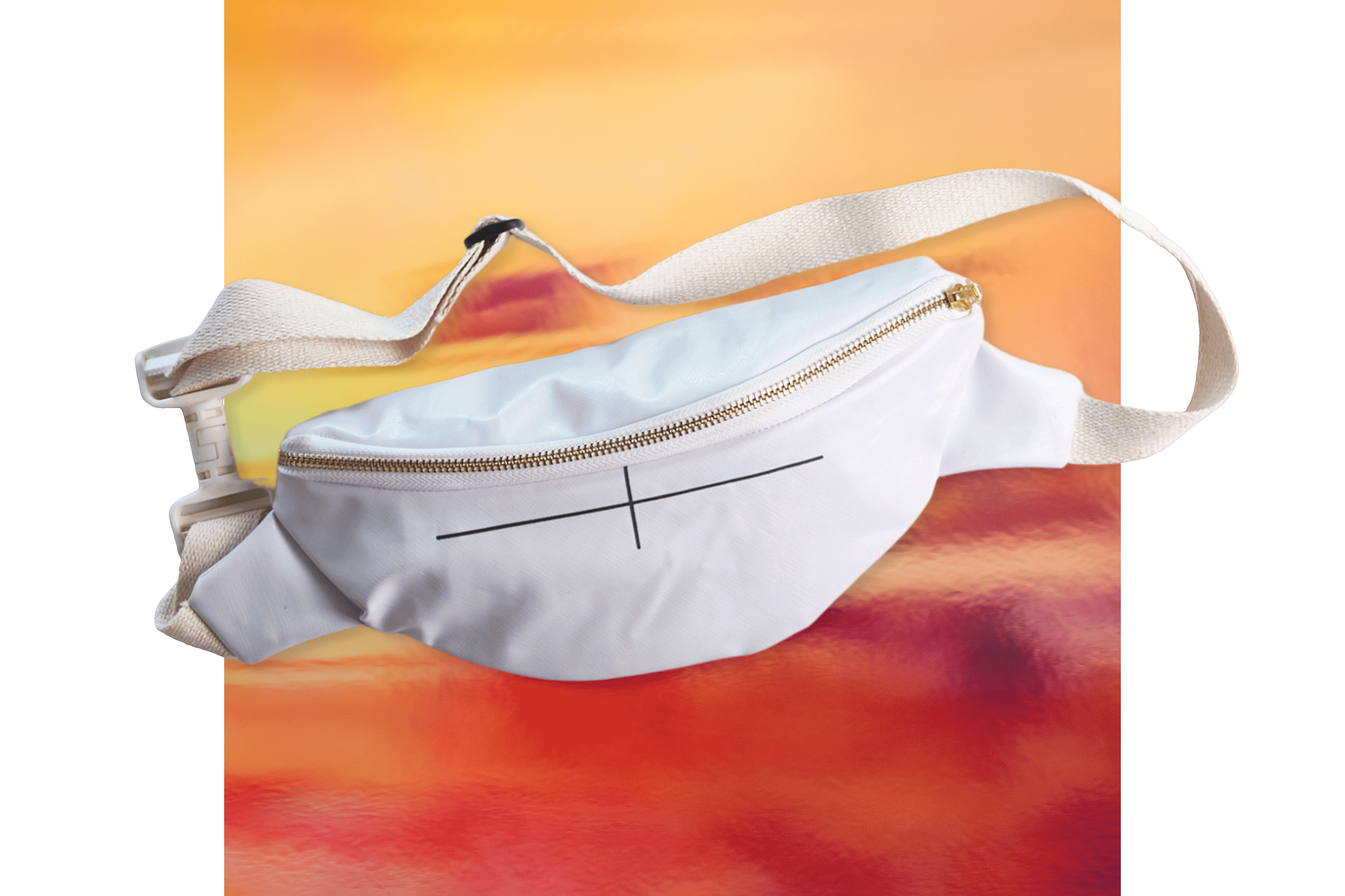White Fanny pack bag with a black cross design on a colorful abstract background