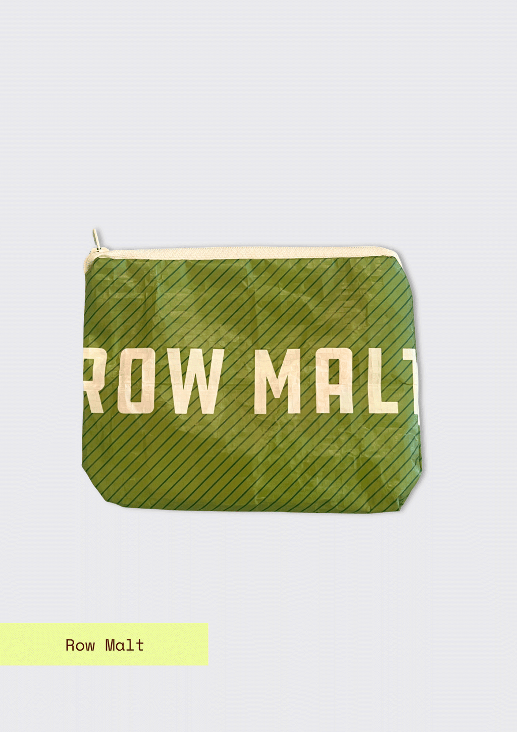 Green pouch, Green pouch upcycled from a malt bag with 'Row Malt' text on a light gray background