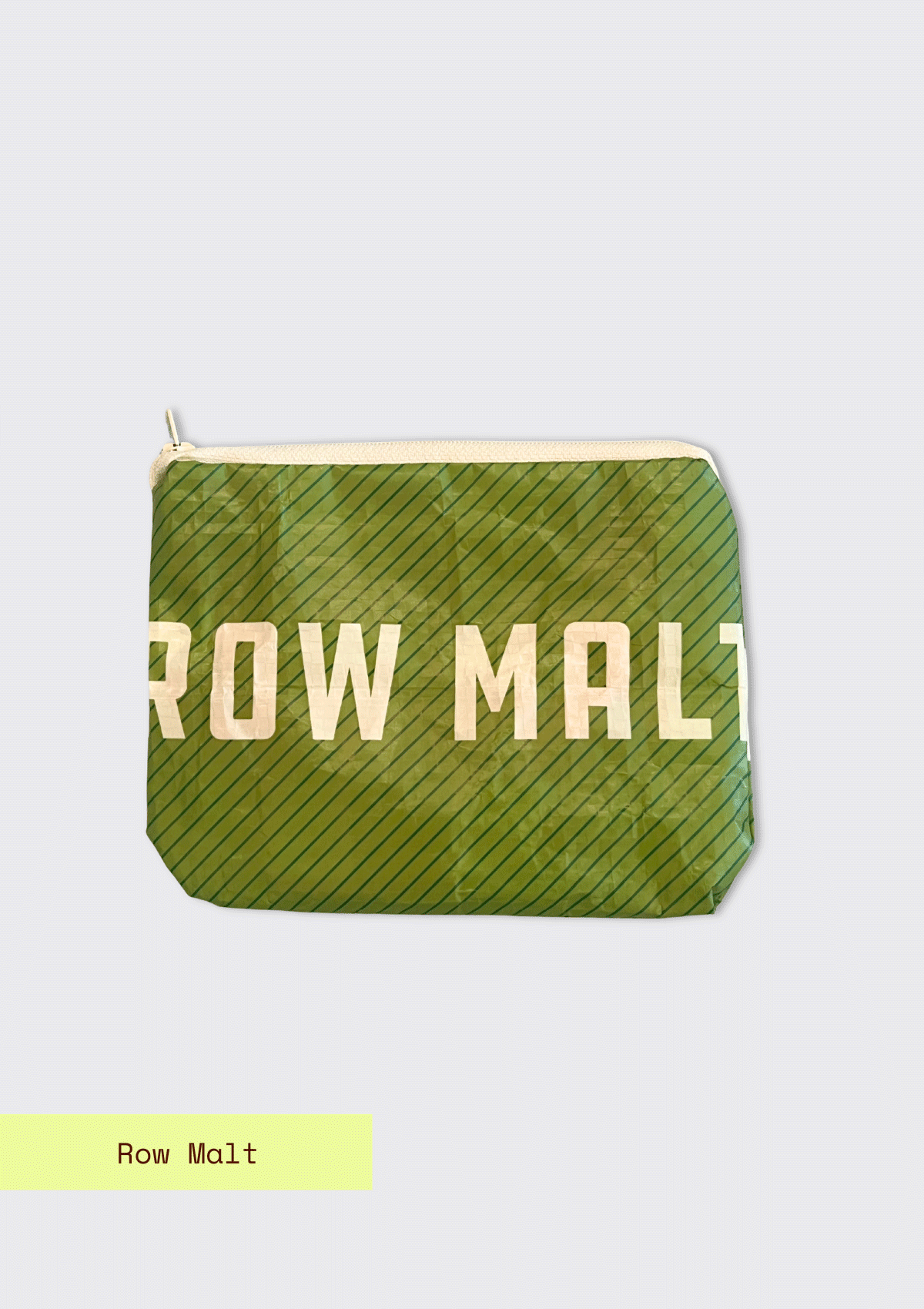 Green pouch, Green pouch upcycled from a malt bag with 'Row Malt' text on a light gray background