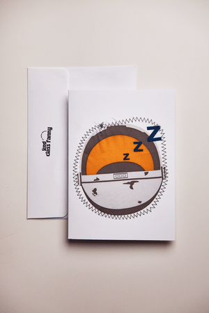 Greeting card with sleep-themed Mandalorian design on a beige background