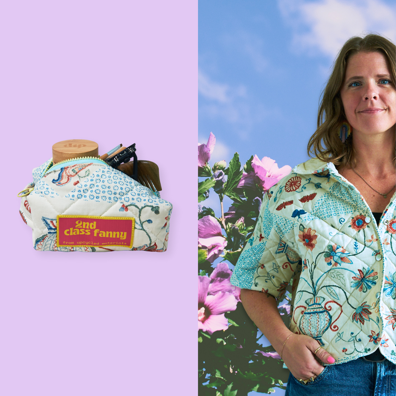 Product image of a floral-patterned pouch with '2nd Class Fanny' branding on a pink background, alongside a person wearing a matching floral shirt upcycled from a quilt outdoors.