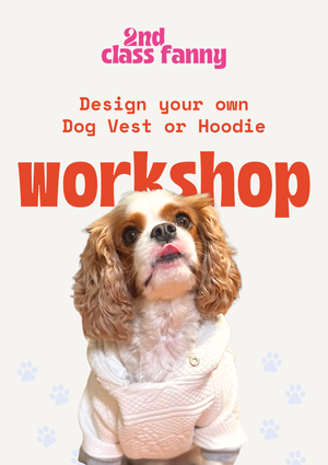 Dog wearing a white sweater with promotional text for a design workshop on a light gray background.