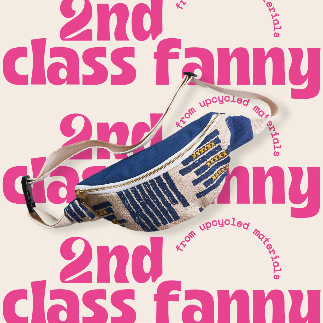 Fanny pack with blue and beige pattern on a pink background with '2nd class fanny' text.