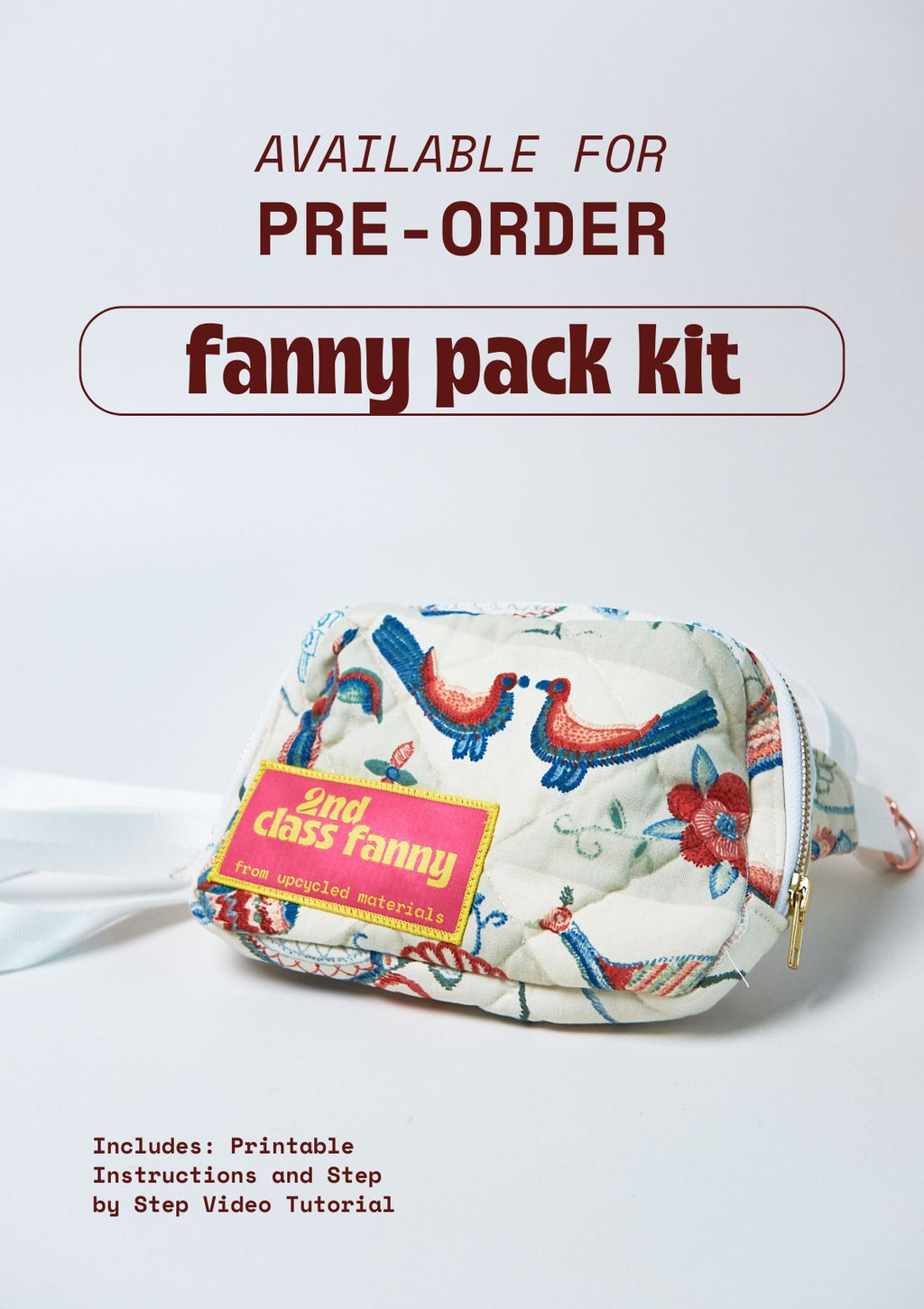 Fanny pack kit with colorful design on a white background, text indicating pre-order availability.