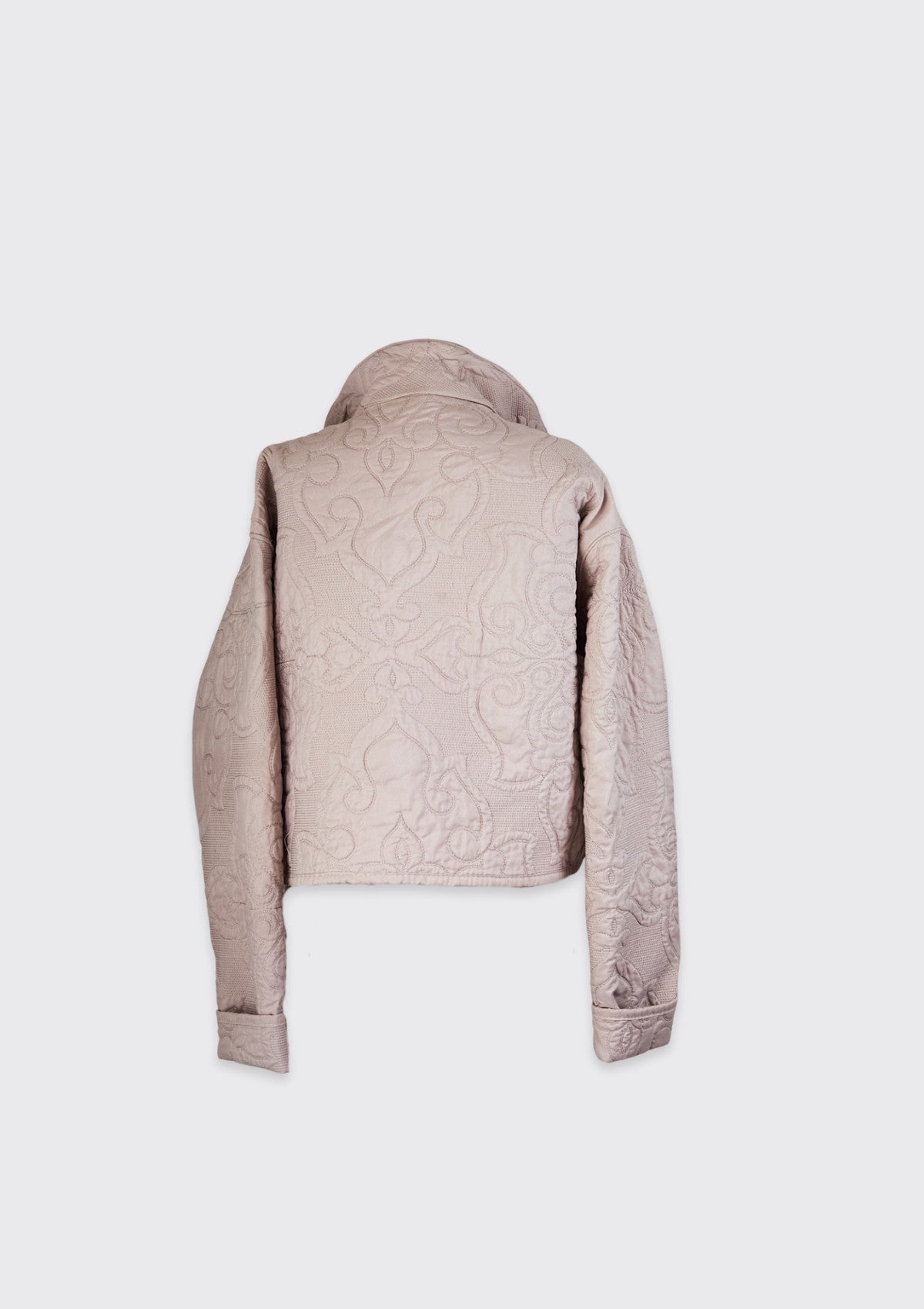 Beige quilted jacket upcycled from a comforter on a white background