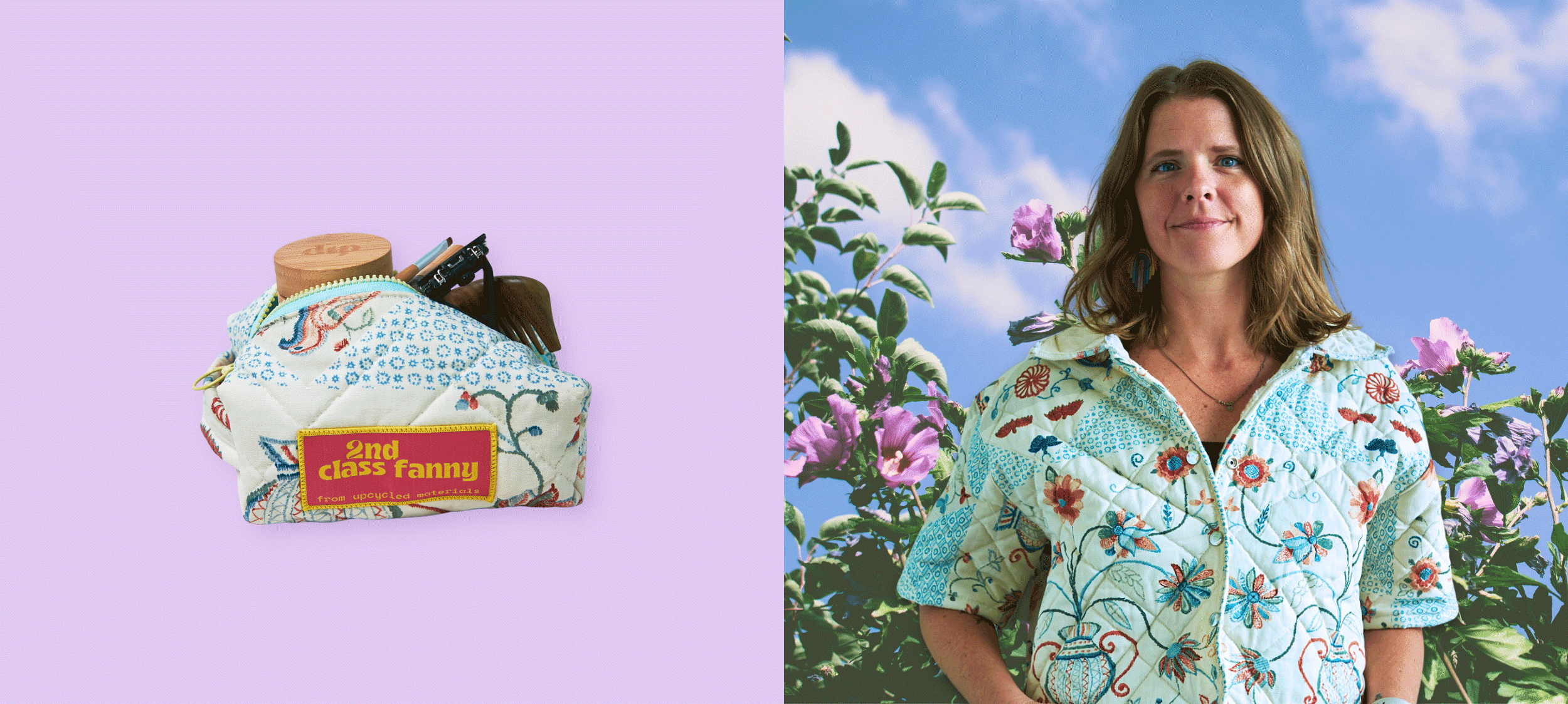 Woman wearing a floral shirt with a product on a sky blue and flower bush background
