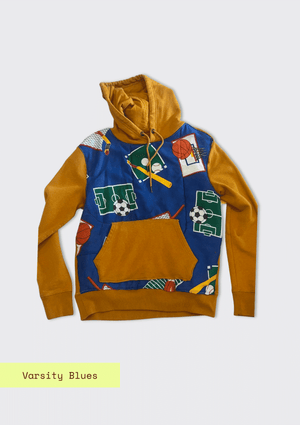 Multicolored hoodie with sports-themed design on a light gray background