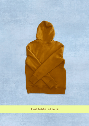 Yellow hoodie on a light blue background with text indicating size M.