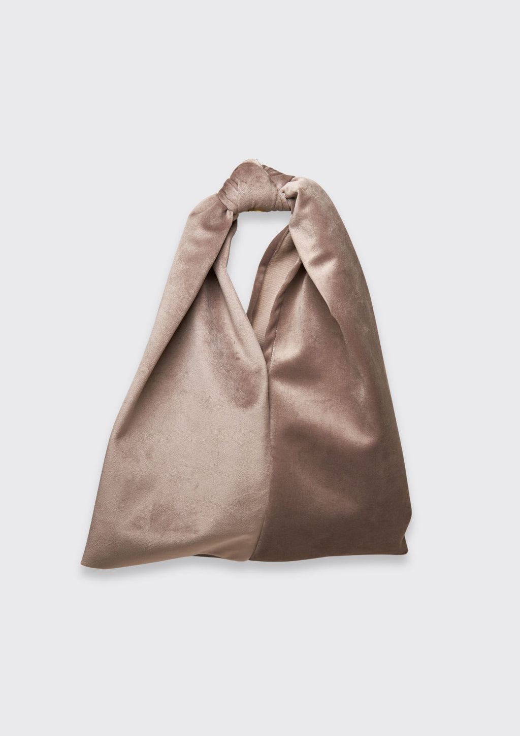Brown velvet bag with a knot upcycled form designer deadstock fabric on a light gray background