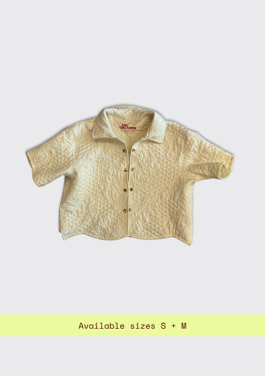 White textured jacket upcycled from a quilt on a light gray background with size availability text at the bottom.