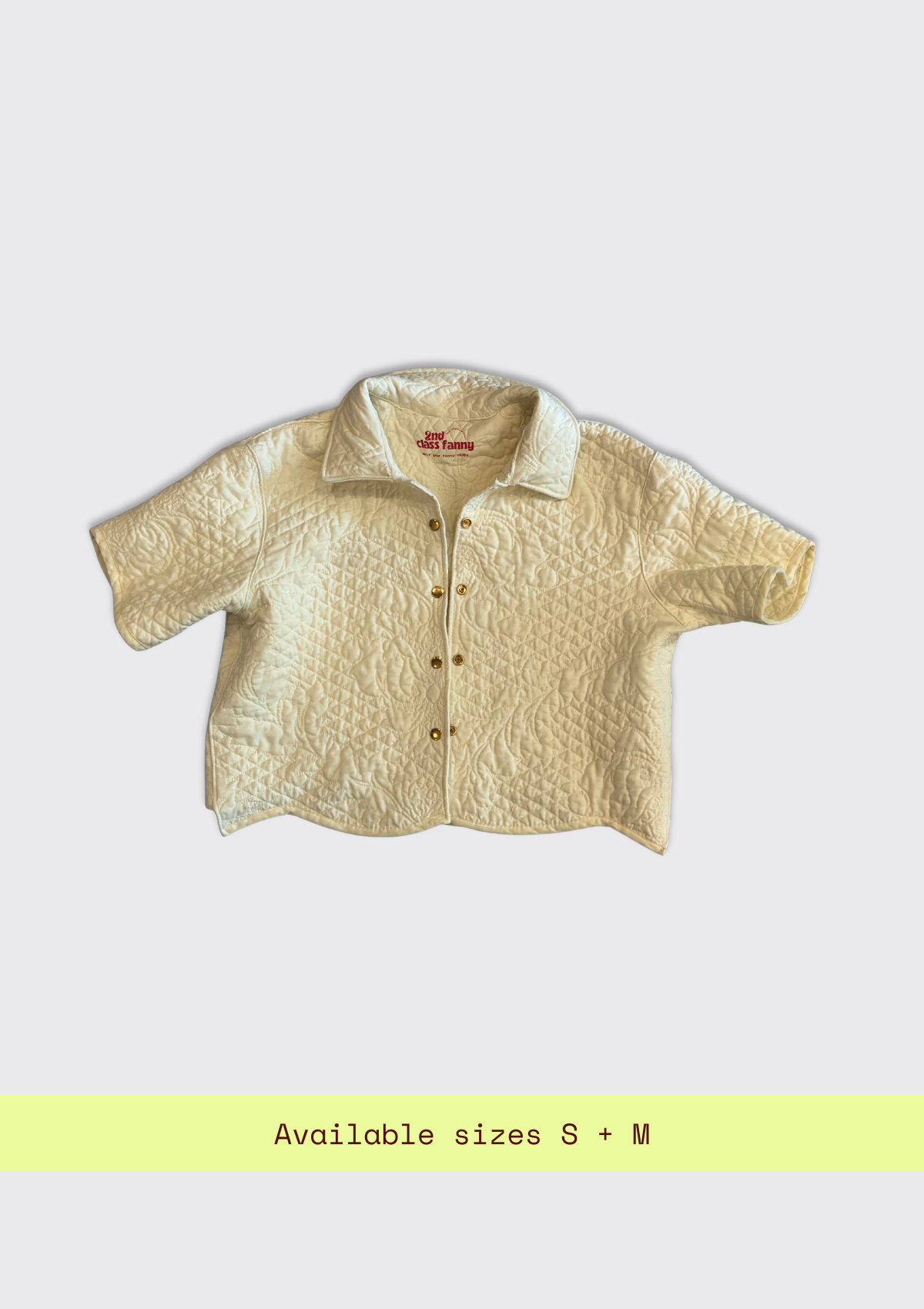 White textured jacket upcycled from a quilt on a light gray background with size availability text at the bottom.