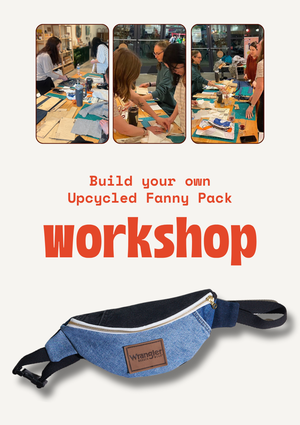 Advertisement for a workshop to build an upcycled fanny pack with images of people working at tables.
