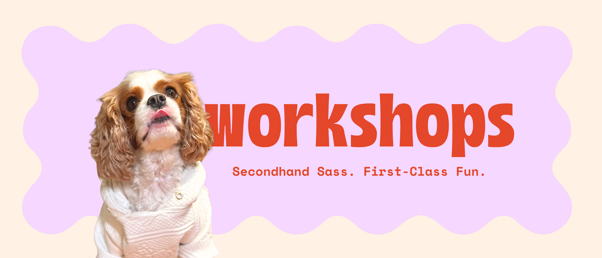 Dog in a sweater with 'workshops' text and tagline on a light purple background