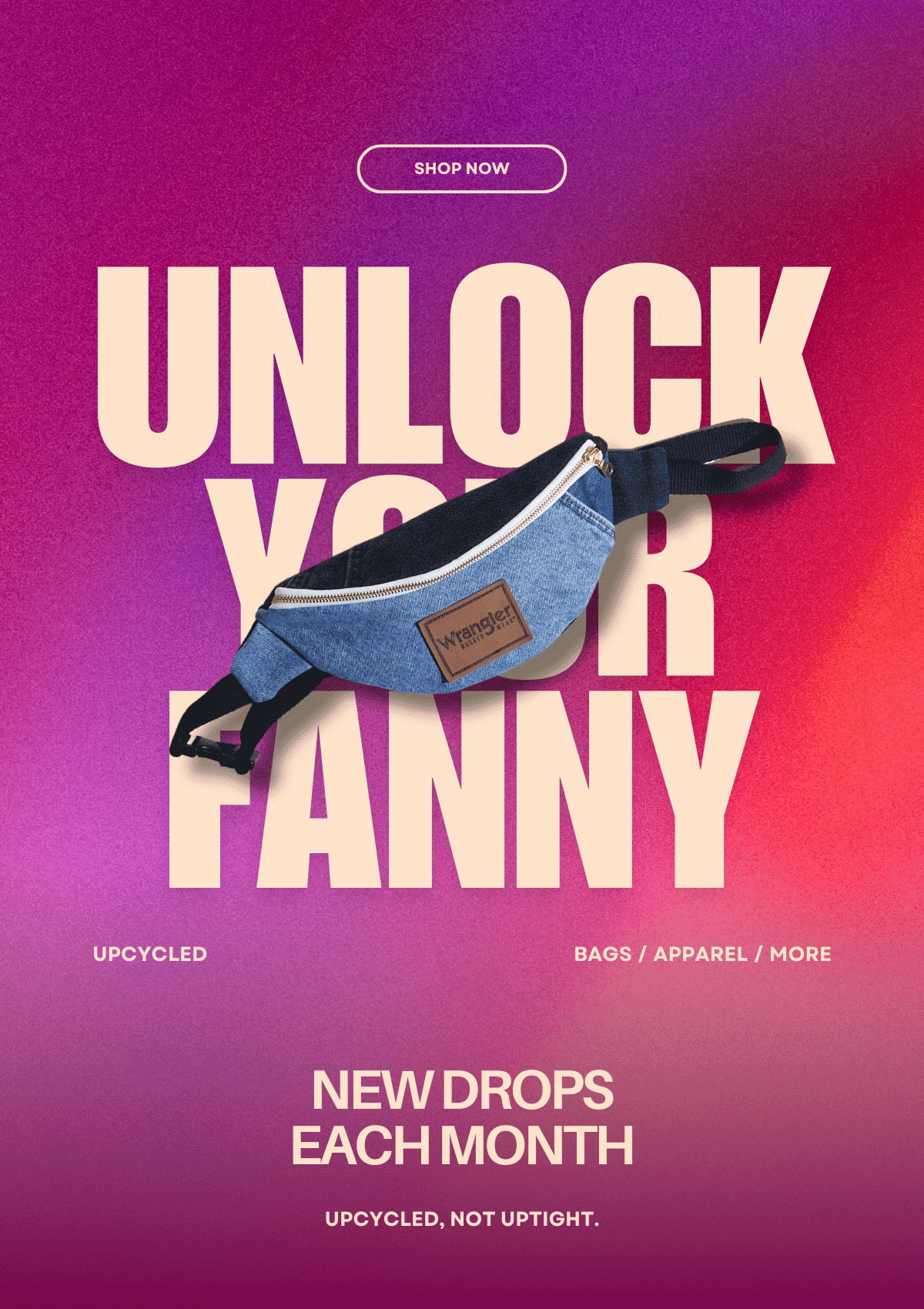Promotional graphic for a product line with text 'Unlock Your Fanny' and a blue fanny pack on a gradient background.
