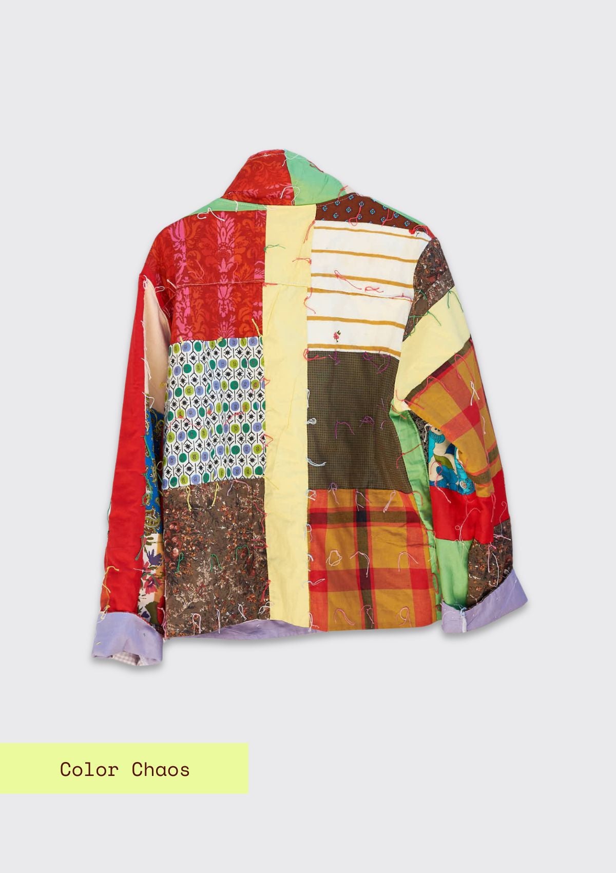 Colorful patchwork jacket upcycled from a quilt with 'Color Chaos' text.
