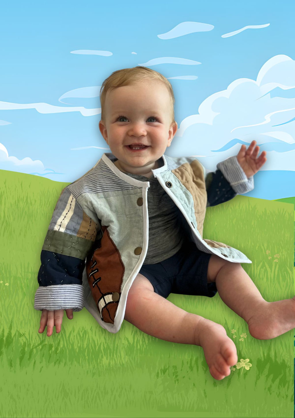 Child wearing a patchwork jacket made of upcycled quilt sitting on grass with a blue sky background