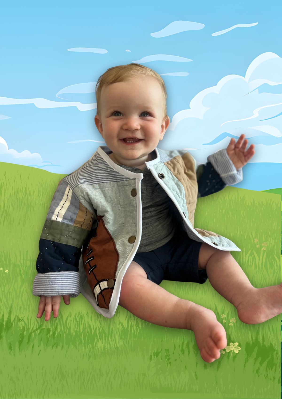 Child wearing a patchwork jacket made of upcycled quilt sitting on grass with a blue sky background