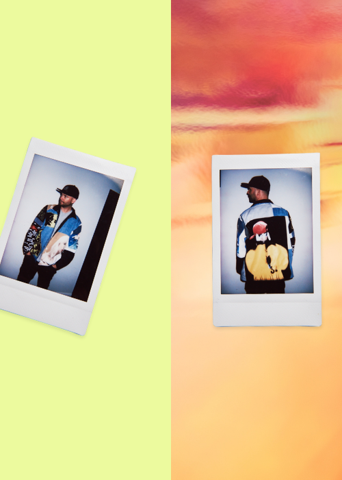 Two Polaroid-style images of a person wearing a colorful upcycled jacket featuring billie eilish on a gradient background.