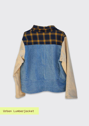 Upcycled Denim and plaid jacket with 'Urban Lumberjack' label.