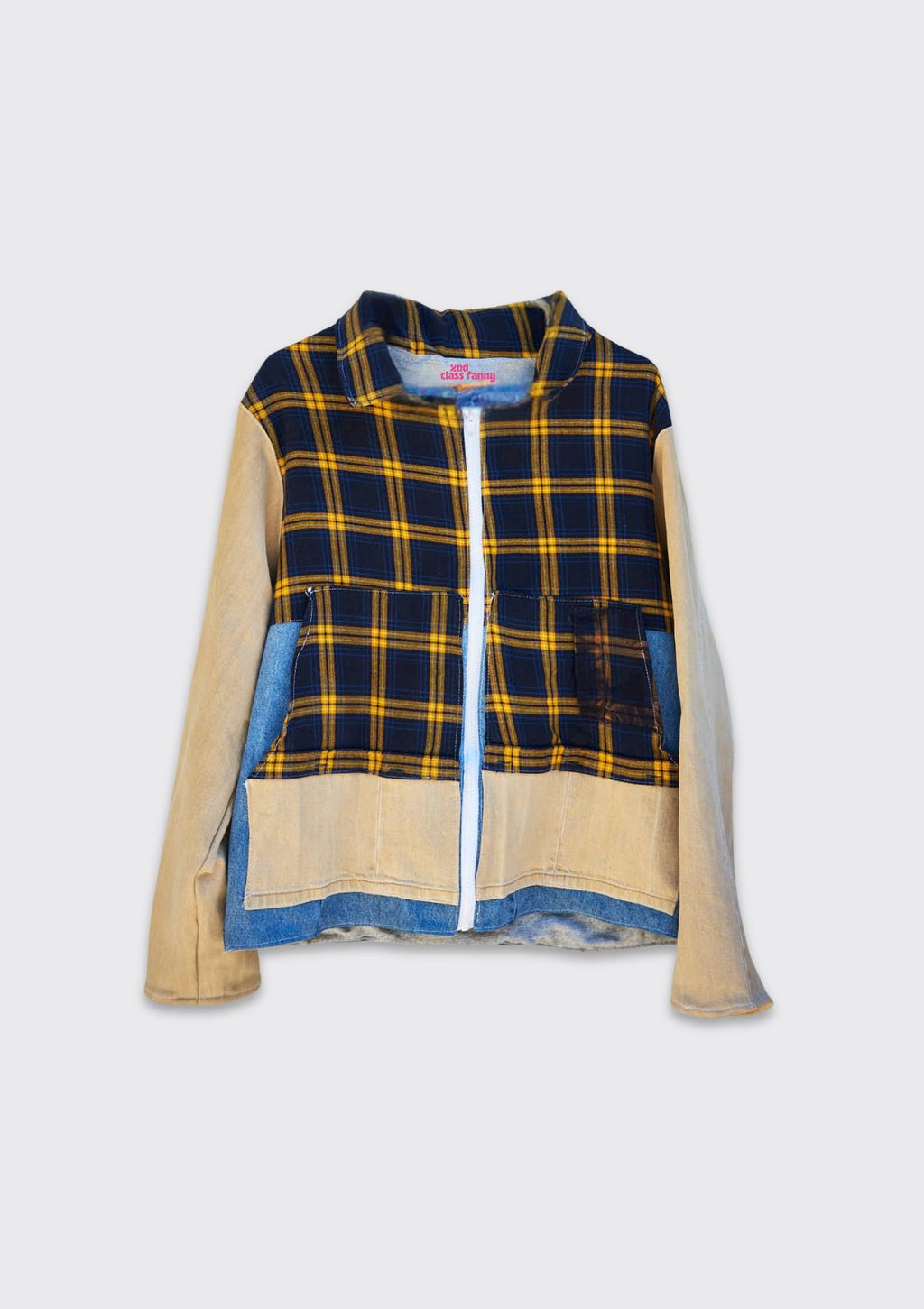 Plaid and denim upycycled jacket with beige denim sleeves on a white background