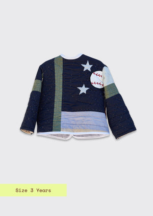 Children's jacket with stars and a baseball design made from upcycled quilt on a light gray background