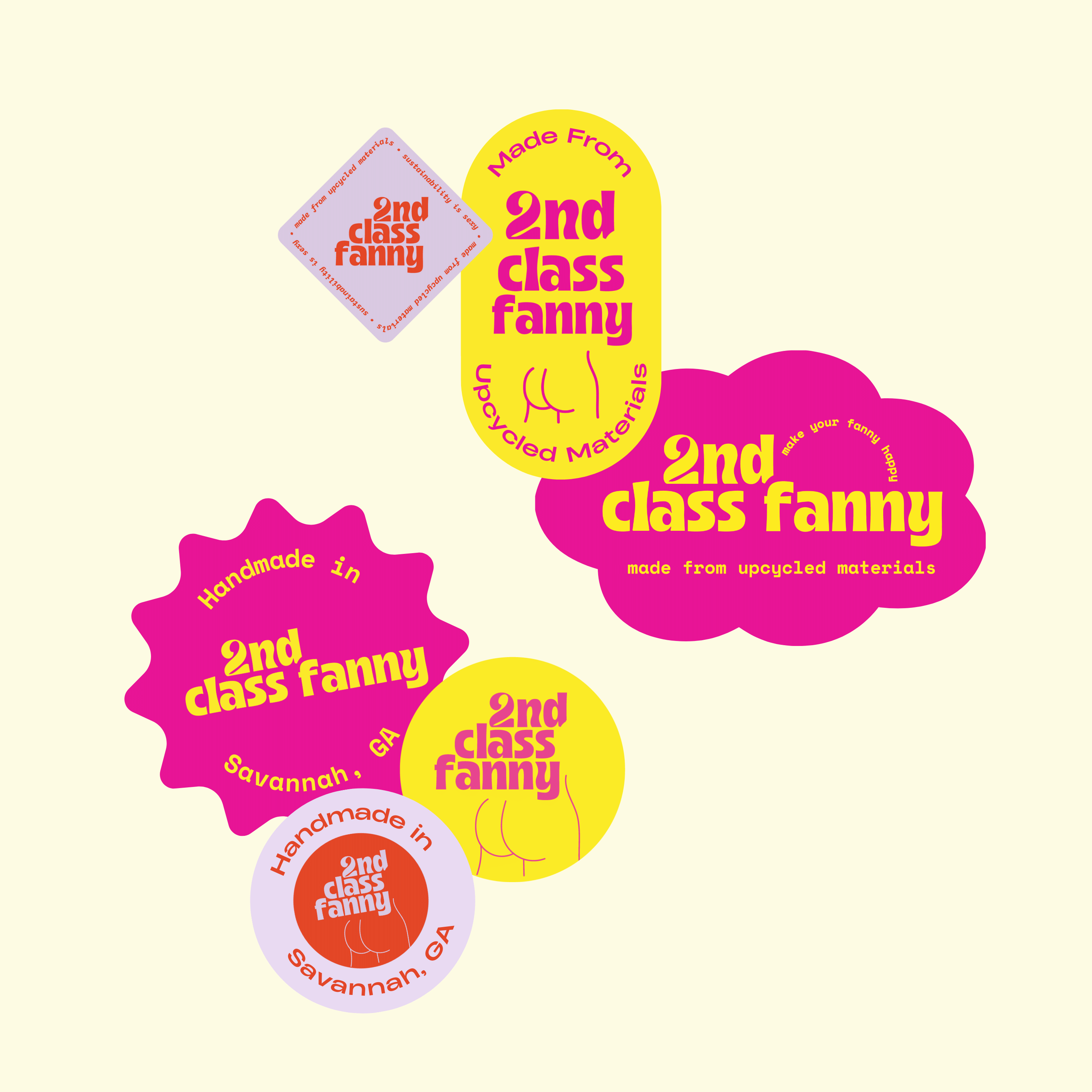Collection of '2nd Class Fanny' product labels on a light pink background