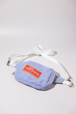 Crossbody bag / Fanny pack in blue striped seersucker pattern with a red label reads 2nd Class Fanny on a white background
